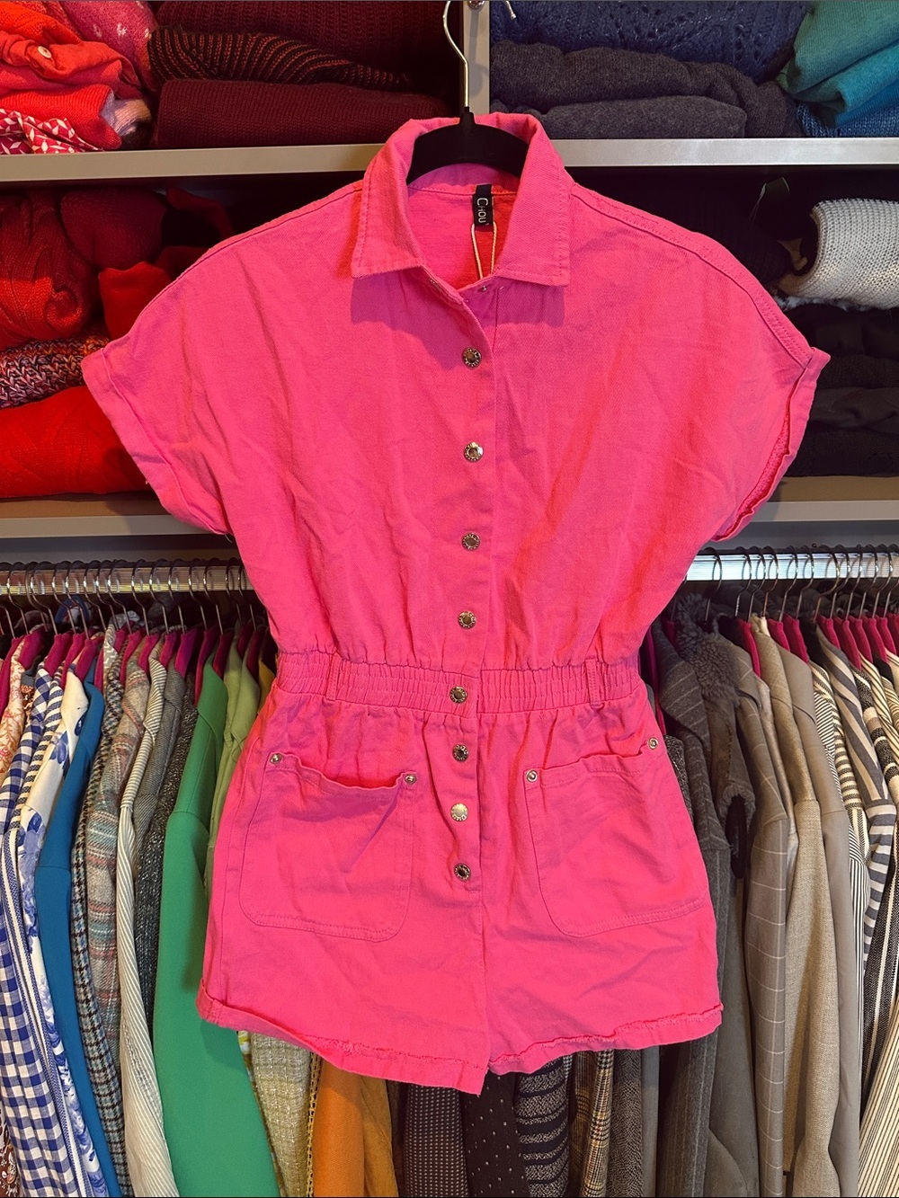 ChouYatou pink dolman sleeve 4 pocket adjustable waistband romper size XS NWT